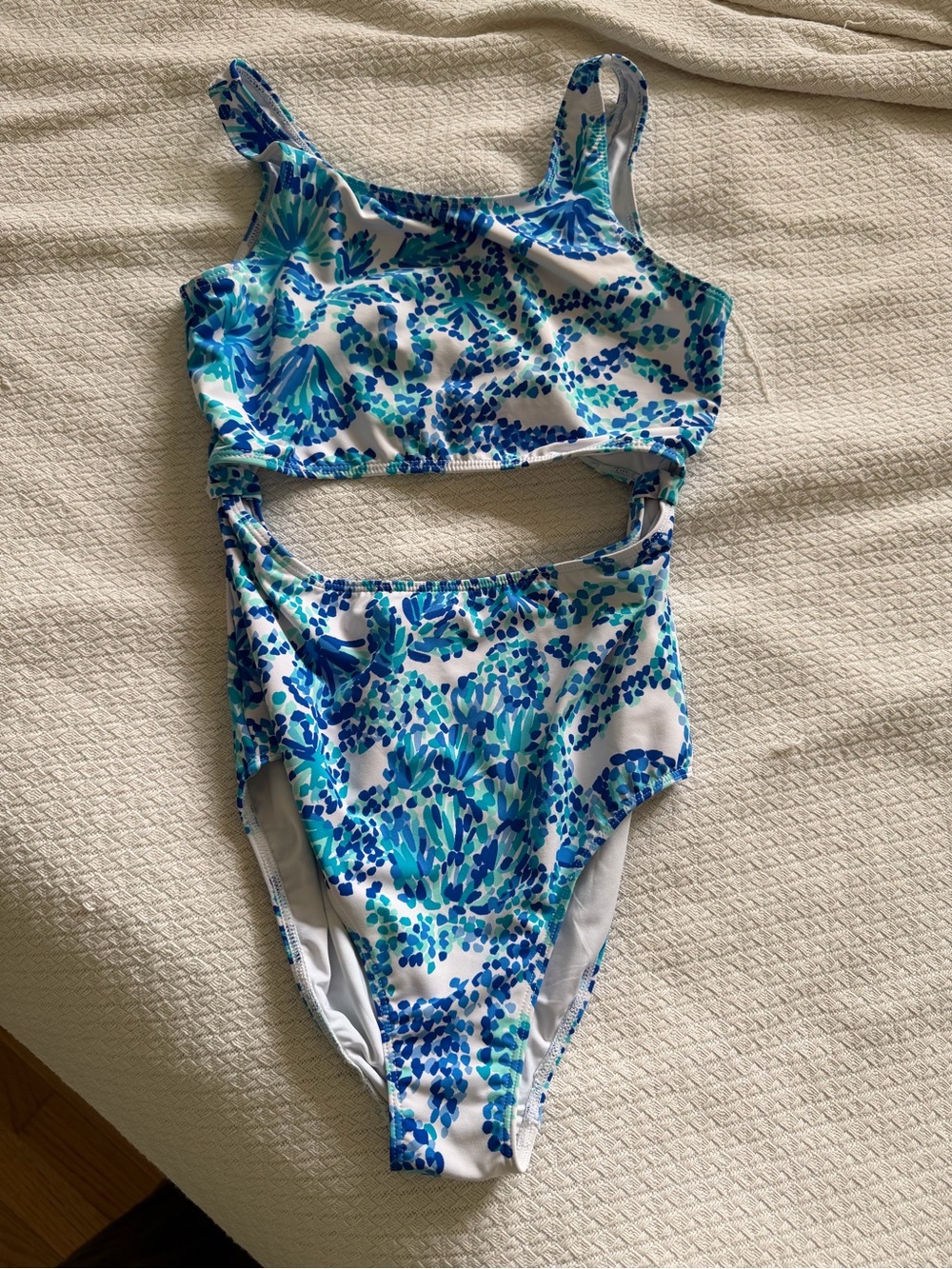 Lilly Pulitzer girls Evalina swimsuit in shell me you love me turquoise oasis